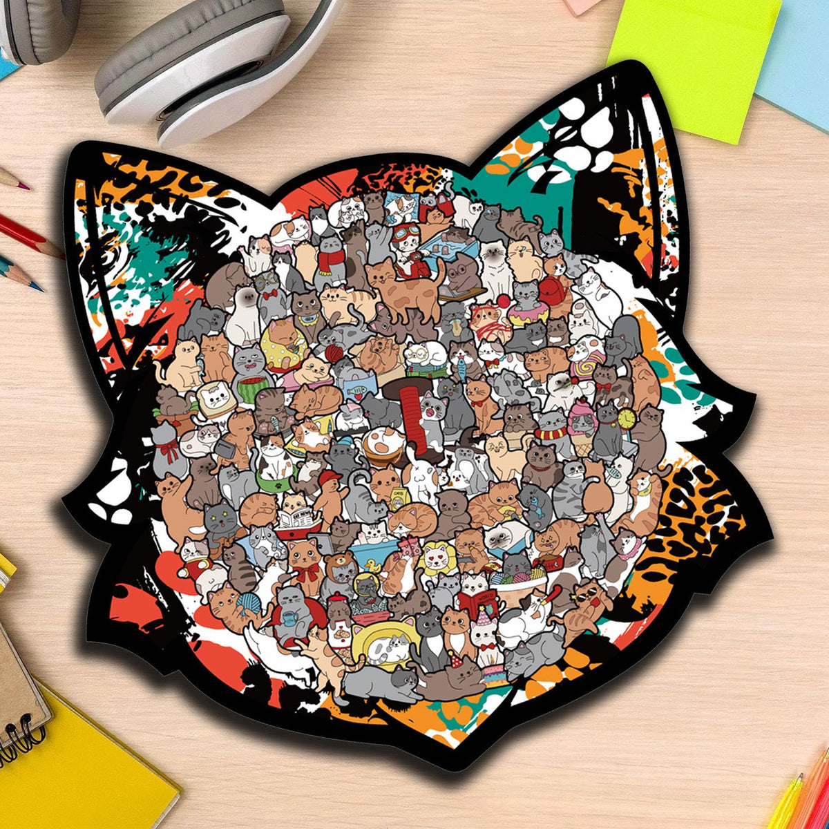 Colorful Cat-Shaped Tray Wooden Jigsaw Puzzle